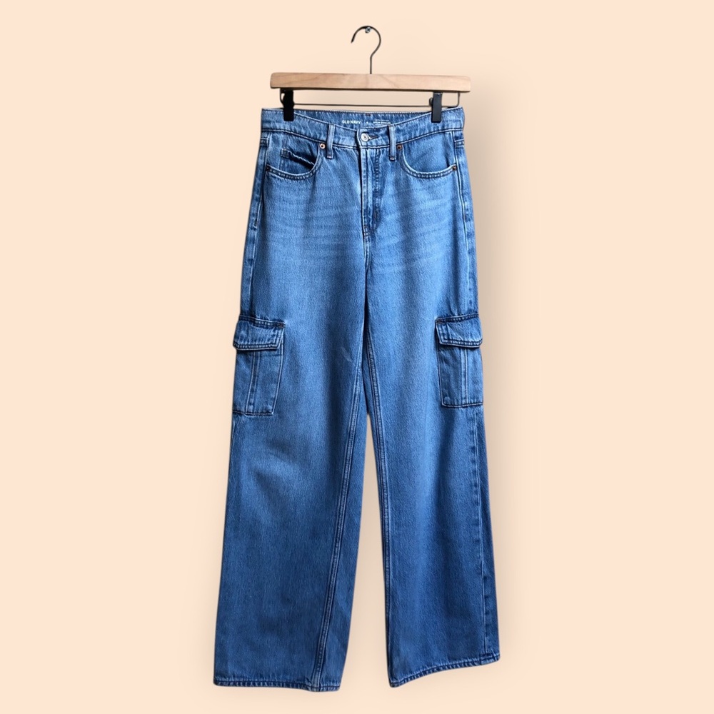 Old Navy Extra High Rise Sky-Hi Wide Leg Denim Jeans Cargo Pockets Women Size 0